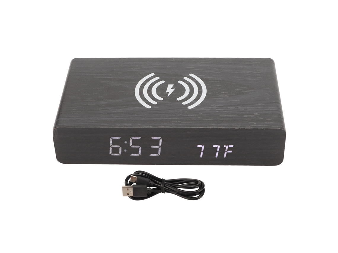 Reloj Digital De Madera Negra Con Iluminación Led Y Carga Inalámbrica, Decoración Para Dormitorio, Luz Blanca.