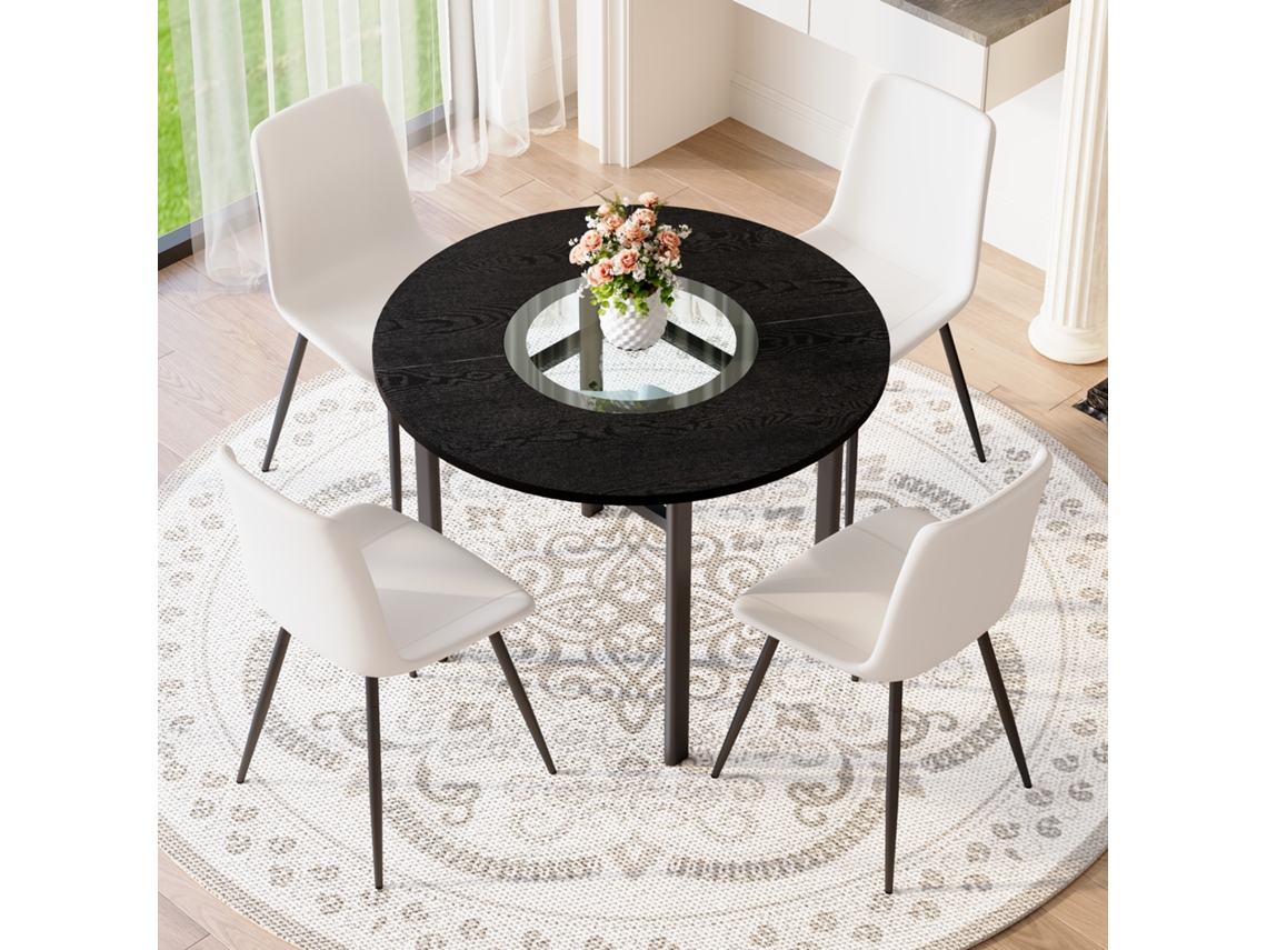 Conjunto De Comedor Redondo 100 Cm - 4 Sillas Pu Con Asiento Ancho - Blanco Y Negro