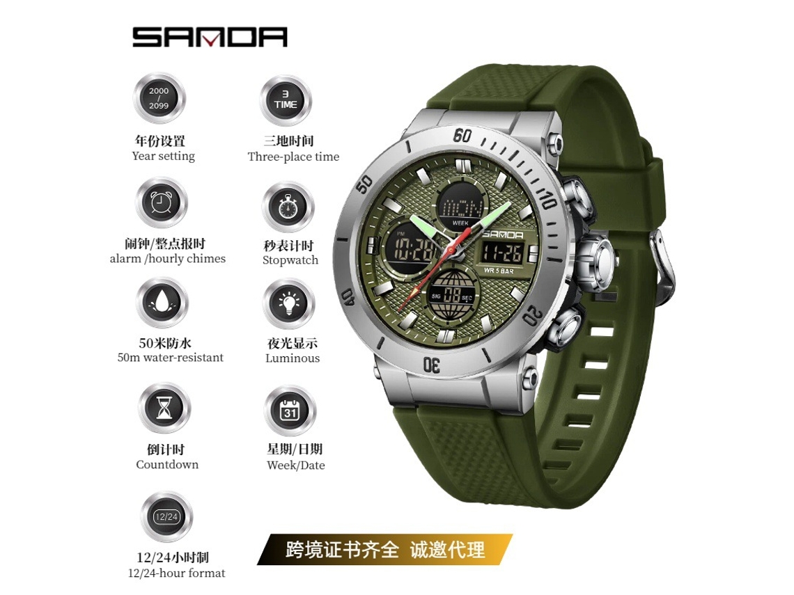 (bisel De Goma Verde) Nuevo Reloj Electrónico, Estilo Popular, Cronógrafo Deportivo Multifuncional De Doble Pantalla.