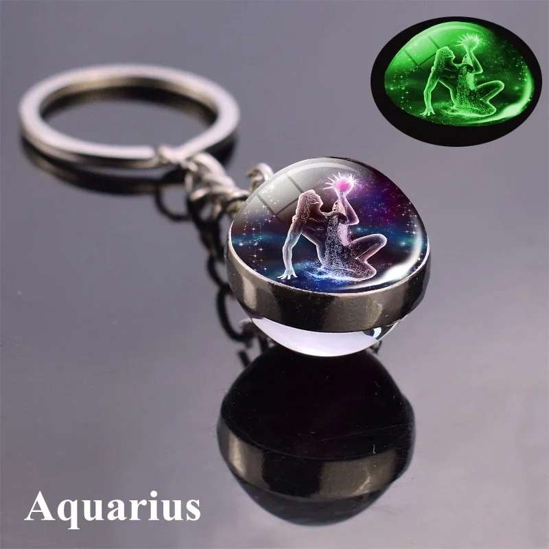 (acuario) Llavero Con Bola De Cristal Brillante De Doble Cara Con Los 12 Signos Del Zodiaco