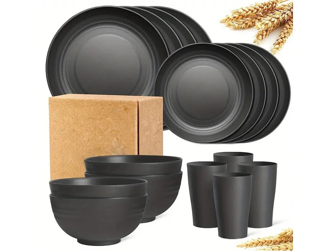 Vajilla De Paja De Trigo Para El Hogar De 16 Piezas, Platos Y Cuencos Reutilizables, Gris Oscuro GERTIZ