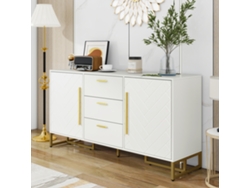 Elegante aparador de 2 puertas y 3 cajones, con diseño de espiga, color blanco, Mobrio.