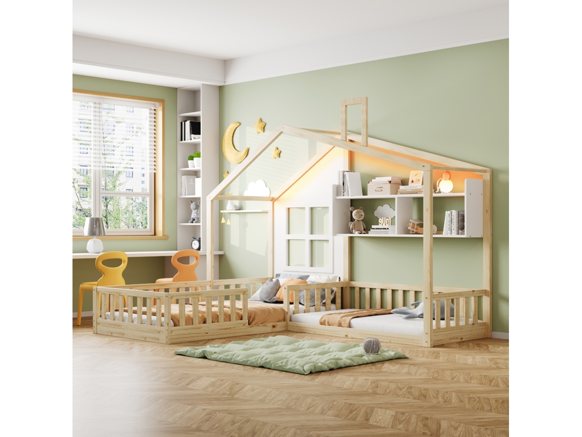 Cama Infantil De Madera Tipo Cabaña De 90x200 Cm Con Ventanas Led, Estantes Y Elementos De Seguridad.