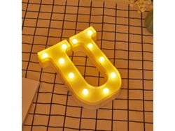 Letra LED U Iluminada con Luz Blanca Cálida, Altura 22cm, Funcionamiento a Pilas 2*AA
