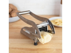 Cortador de patatas con doble cuchilla que corta en tiras finas y rodajas. Acero inoxidable con ventosa antideslizante. Mdug.