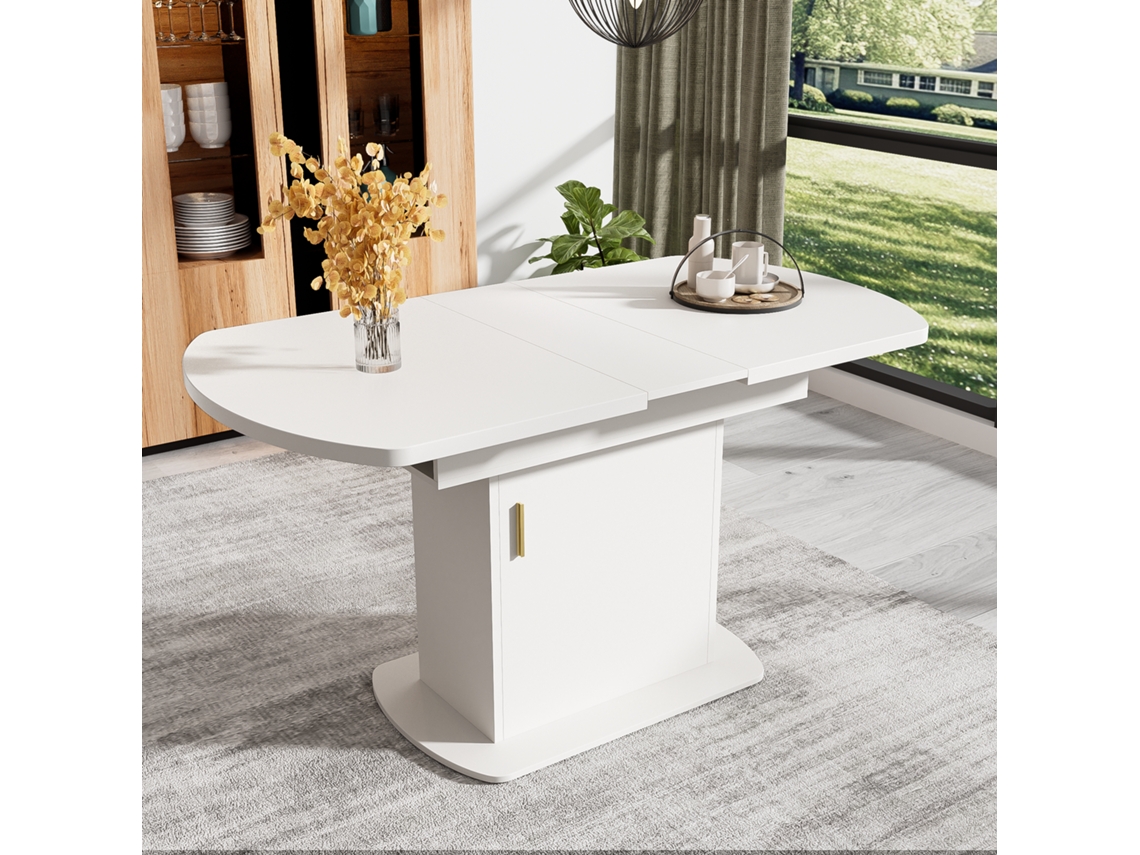 Mesa De Comedor Ovalada Retráctil - Con Espacio De Almacenamiento Y Mango Dorado - Blanco