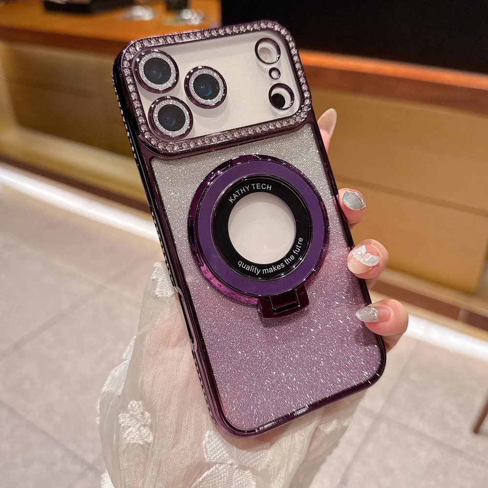 (morado, Iphone 12) Funda Para Teléfono De Alta Calidad Con Brillantes Diamantes De Imitación Y Soporte Magnético De Carga Inalámbrica.