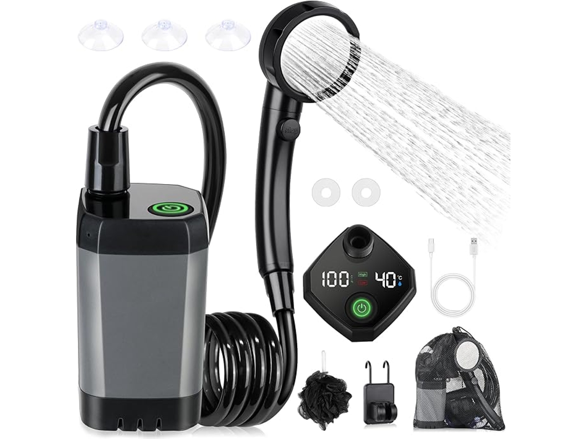 Ducha portátil para camping, recargable de 6000 mAh, con pantalla LED inteligente, 4 modos de pulverización, color gris