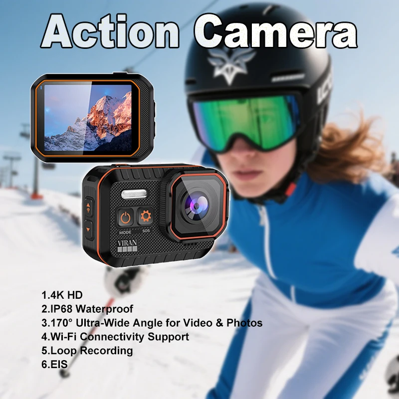 (Negro, 64 g) Cámara de acción portátil 4K con gran angular de 170°, resistencia al agua IP68, Wi-Fi y batería de larga duración.