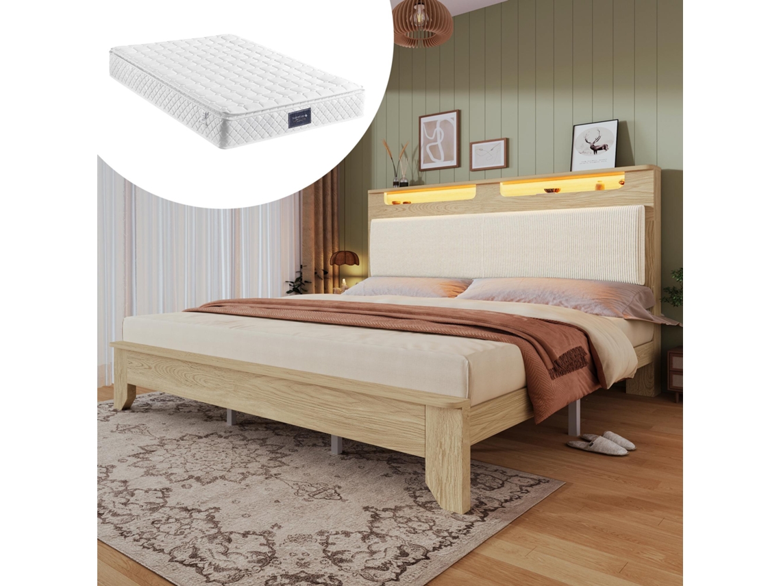Cama Matrimonial 160x200 Cm Cabecera Con Almacenamiento, Iluminación Led, Tejido Canalé Beige, Estructura De Madera, Roble Claro Estilo