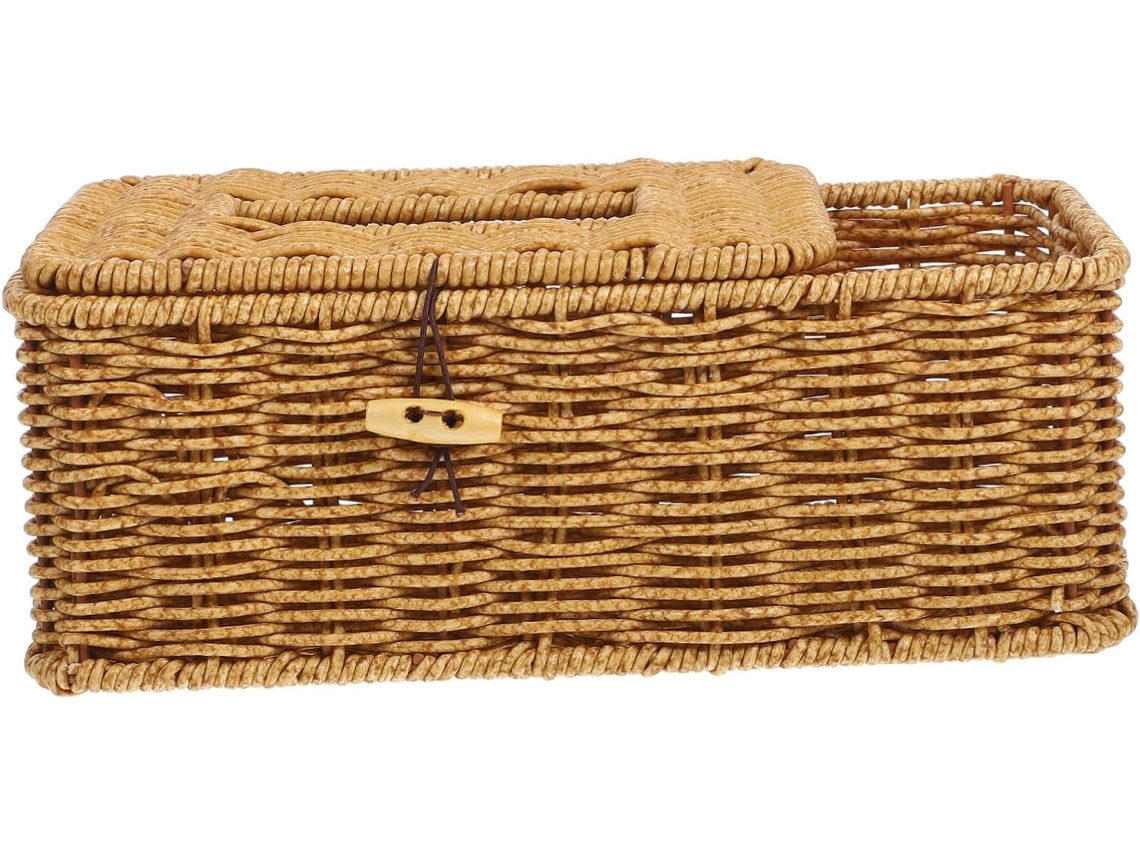 Caja Multifuncional Para Pañuelos De Ratán Sintético Tejido, Tamaño Mediano, Color Beige Claro.