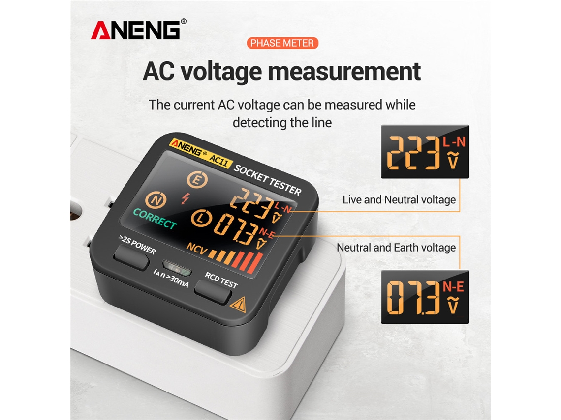 Comprobador De Enchufes Aneng Ac11 Con Detector De Fugas Eléctricas, Pantalla Lcd, Rcd, Ncv Y Enchufe Británico.