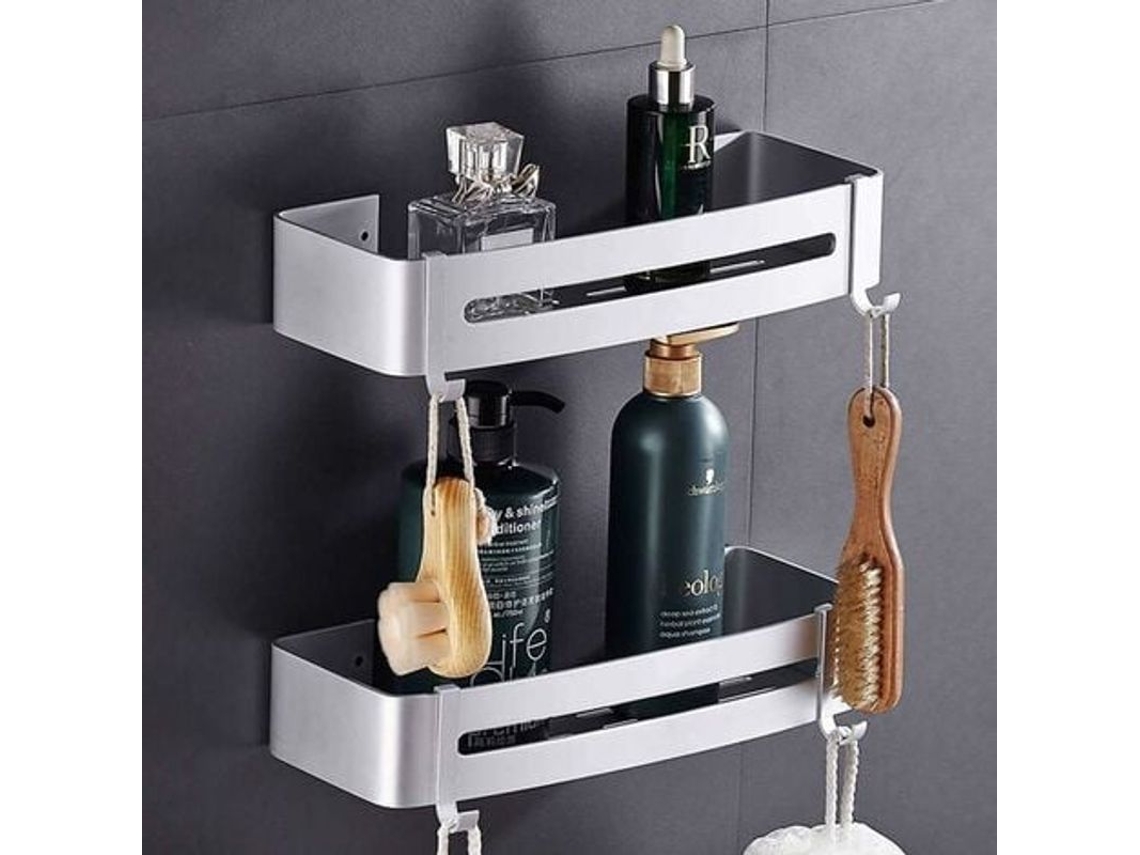 Estantería De Baño De Aluminio Inoxidable De 2 Niveles Sin Necesidad De Taladrar, Con Ganchos - Plateada