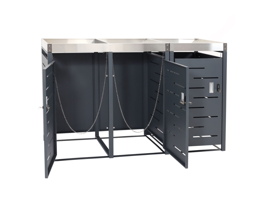 Cache Poubelles Triple 3 Bacs 80 À 120l Avec Bac À Plantes Acero inoxidable y acier galvanizado 110x175x62 cm 04_0010366