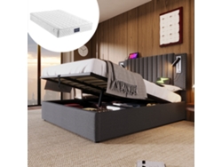 Cama Tapizada Gris De 140x200 Cm, Colchón Incluido, Caja De Almacenamiento Hidráulica Con Puerto Usb.