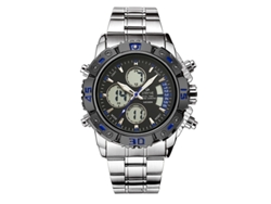 Reloj Electrónico Multifuncional Para Hombre (plateado Y Azul) De Acero Inoxidable Con Doble Movimiento, Resistente Al Agua Y Luminoso.