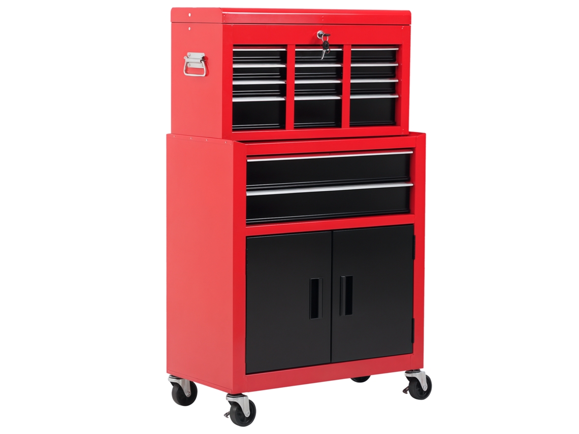 Armario de herramientas con caja de herramientas, con ruedas, 6 cajones, de metal, rojo.