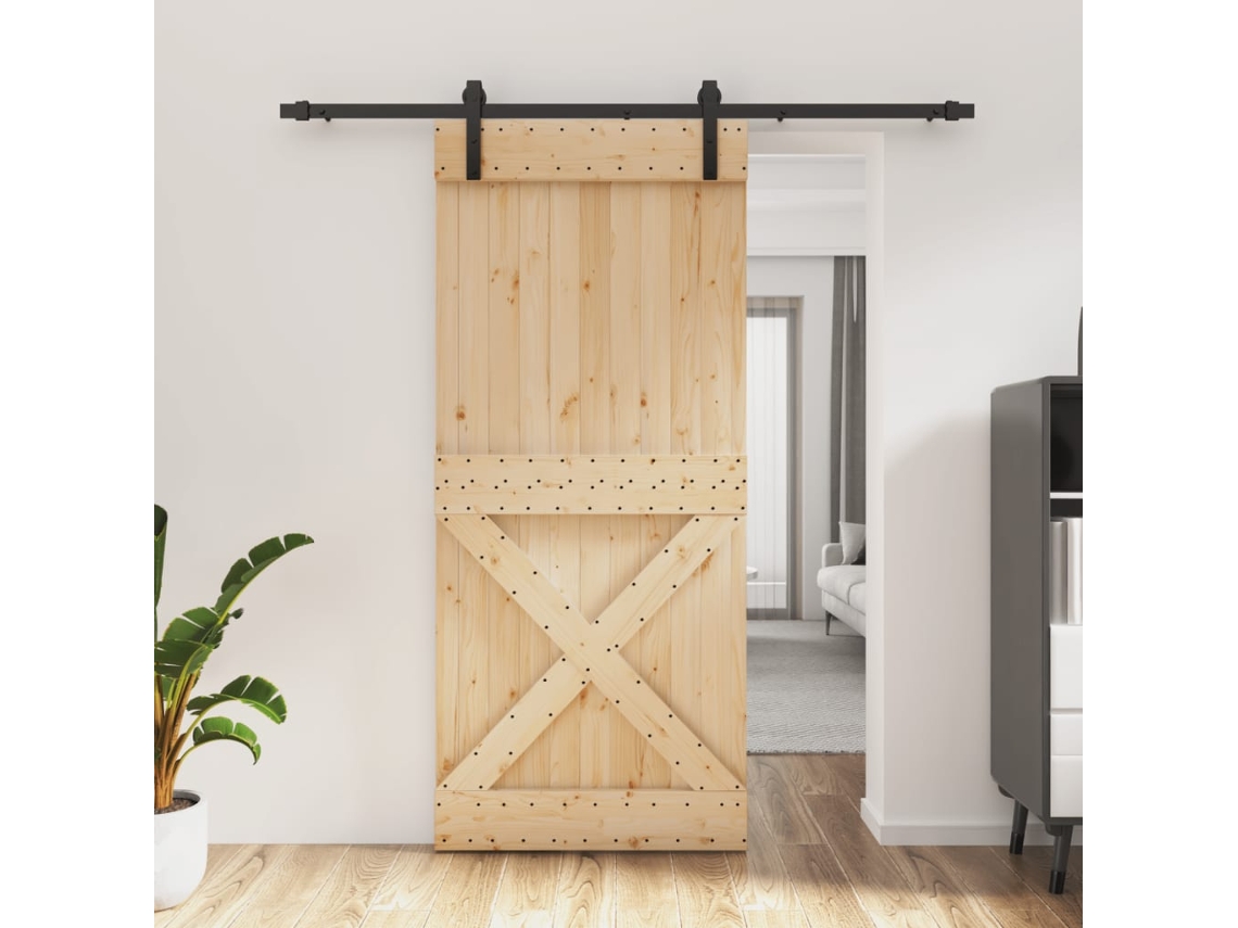 Puerta Corredera Con Herrajes Madera Maciza De Pino 90x210 Cm