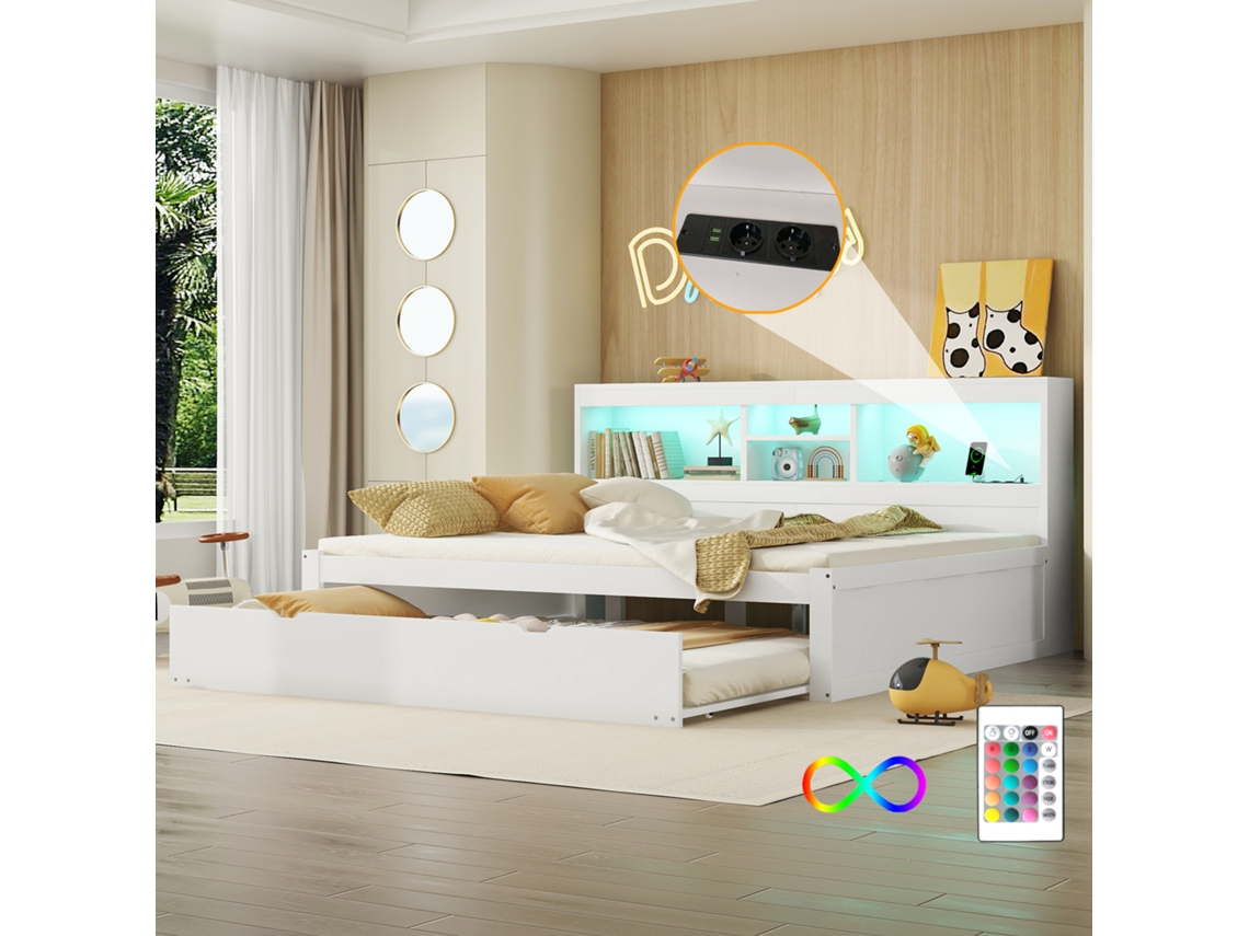 Sofá-cama, 140*200cm, Com Luzes Led, Compartimento De Arrumação Ao Lado Da Cama, Cama Extensível, Tomada Elétrica + Usb, Sem Colchão, Branco
