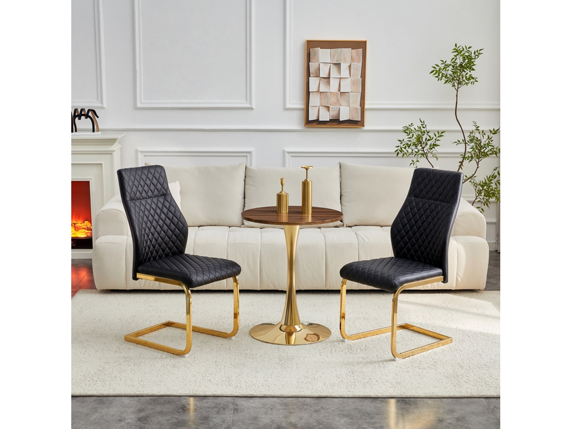 Conjunto De Mesa De Madera De Nogal (60 Cm) Con Patas Doradas Y 2 Sillas Negras Con Detalles De Diamantes Dorados.