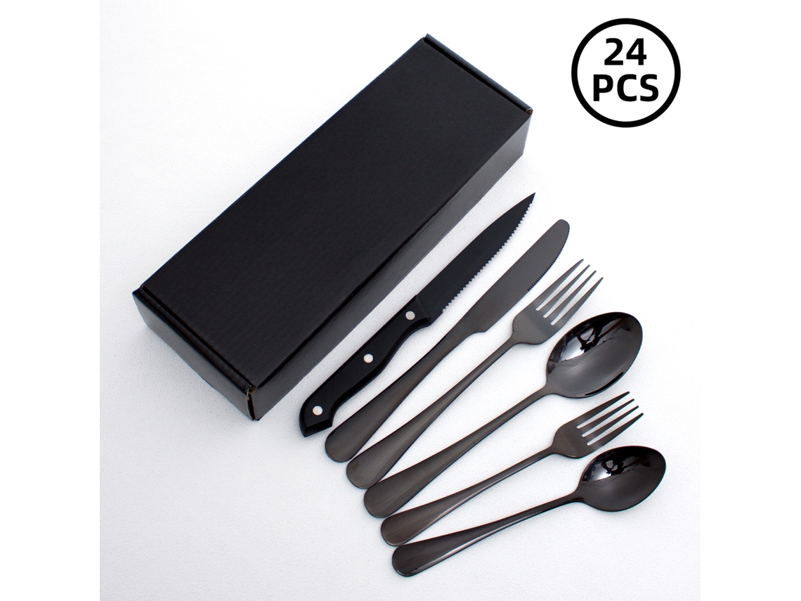 Juego de cubiertos de acero inoxidable MDUG con cuchillos, tenedores y cucharas (24 piezas, negro)