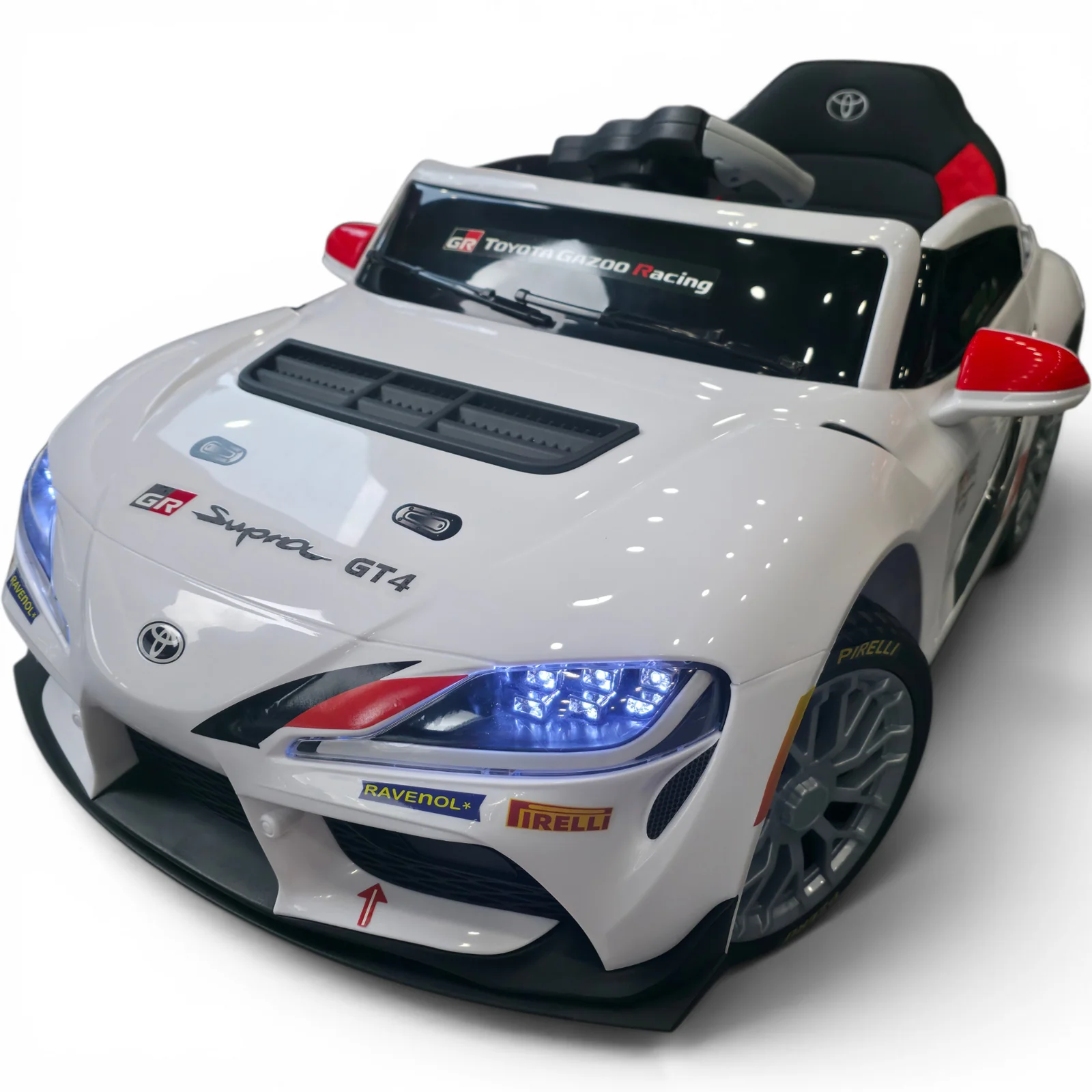 Coche eléctrico infantil Toyota Supra de 12 V con ruedas de EVA, asiento de cuero ecológico y controles parentales - Funtasticland