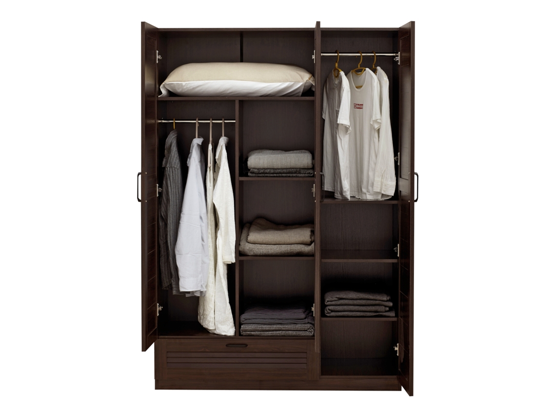 Armario Ropero Finning (3 puertas 2 percheros 7 compartimentos 1 cajón) MDF 176 x 120 x 52 cm Efecto nogal oscuro [EN.CASA]