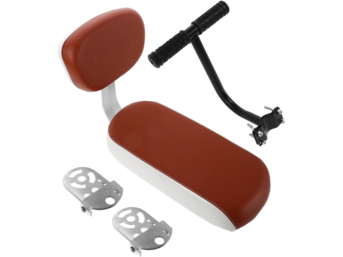 Asiento trasero para bicicleta con respaldo y reposabrazos, reposapiés integrados y acolchado.