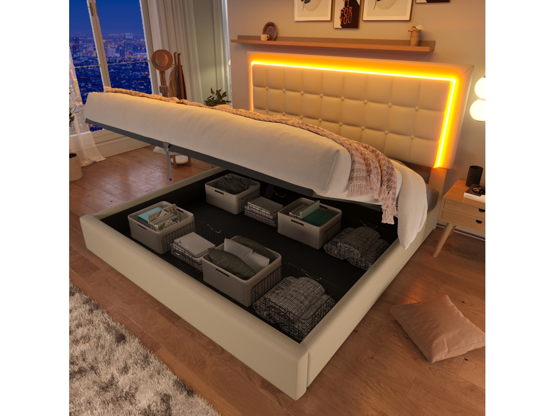Cama Tapizada En Polipiel, 140x200 Cm, Con Iluminación Led Y Compartimento De Almacenamiento. Incluye Somier De Láminas. Color Blanco.