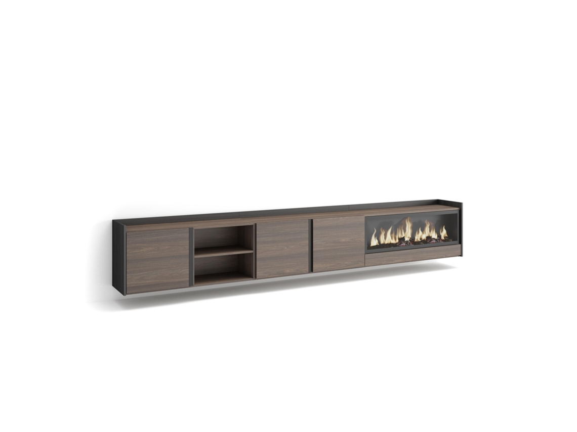 Mueble Tv, Televisión, 315x35x50cm, Para Tv Hasta 80", Chimenea Eléctrica Xxl, Colgado, Suspendido, Roble Oscuro Y Negro