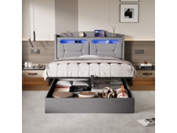 Cama De Matrimonio 140x190cm Con Almacenamiento, Cama Adulta De Resorte Neumático En Terciopelo Gris, Cama De Adolescente Con Led, Usb-c Y Cabecero