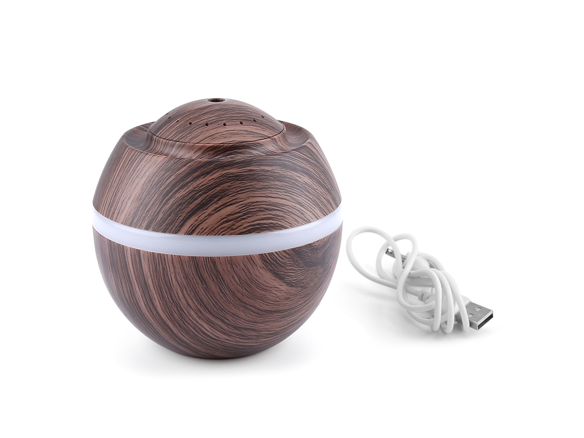 Humidificador ultrasónico LED de 7 colores de 500 ml para hogar y oficina con acabado en madera oscura.