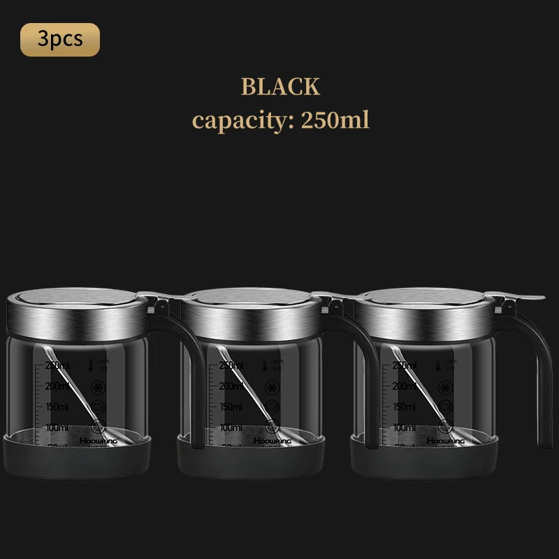 Juego de 3 tarros de cristal para especias y condimentos, con cuchara, azucarero y salero, utensilios de cocina (250 ml, negro).