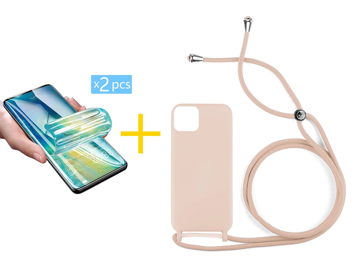 Pack 2 X Película de Vidrio Templado Hidrogel + Funda GANDY por Apple iPhone 16 Pro Gel con Cordón Rosa Pastel