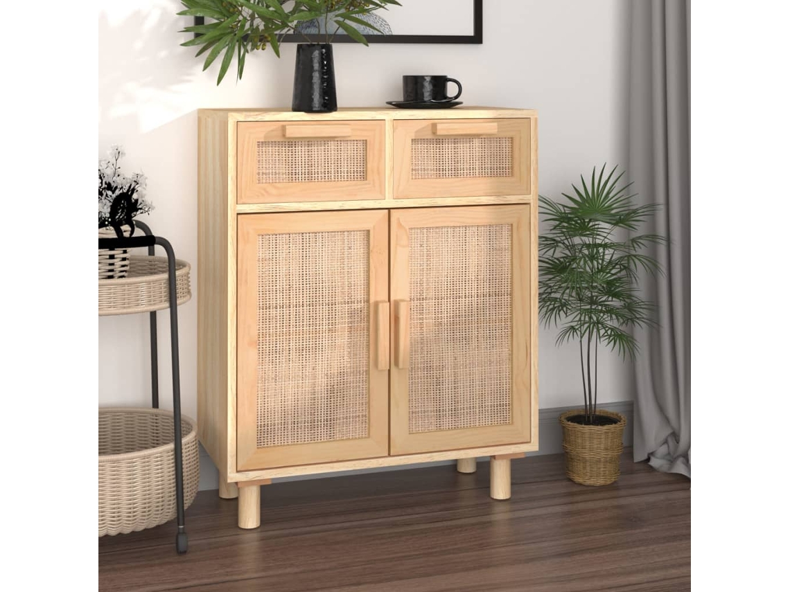 Aparador Marrón Madera Pino Maciza Y Ratán Natural 60x30x75 Cm