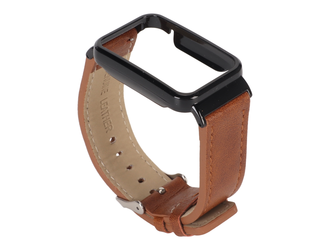 Correa de piel sintética resistente al agua para Mi Band 7 Pro, color marrón con caja de acero inoxidable negra