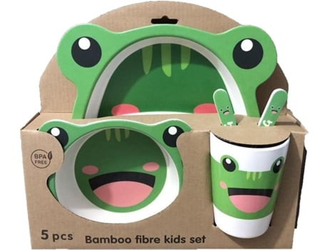 Juego de vajilla infantil de bambú con plato, cuenco, cuchara, tenedor, sin BPA, diseño de rana
