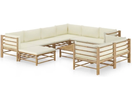 Conjunto 10 de muebles de jardín VIDAXL bambú y cojines blanco crema