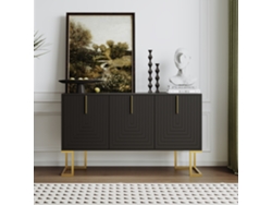Aparador moderno con estantes regulables, 3 puertas en forma de U, tiradores y base de metal negro.
