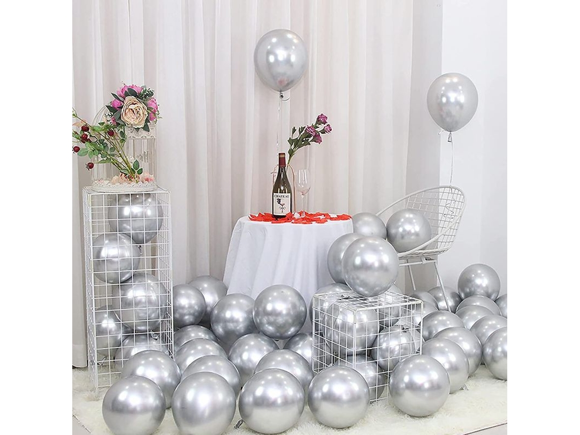 100 globos de látex plateados metalizados, de 25 cm, para decoración de fiestas, cumpleaños y bodas.