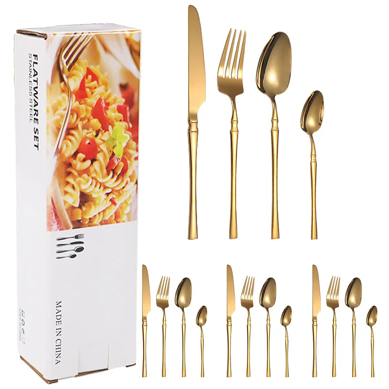 (oro) Cubiertos De Acero Inoxidable, Incluyendo Cuchillo Y Tenedor Para Carne, Cuchara De Postre.