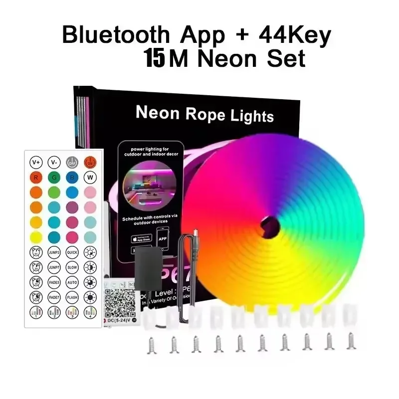 Tira de LED de neón RGB inteligente (15 metros) con cambio de color sincronizado con la música, 24 V, diseño flexible para instalación propia.