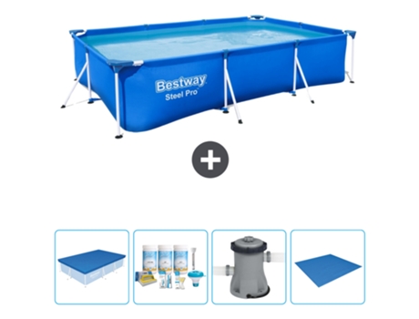 Piscina BESTWAY Rectangular Steel Pro - 300 x 201 x 66 cm - Azul - Incluida Cubrir - Paquete de mantenimiento - Bomba - Suelo
