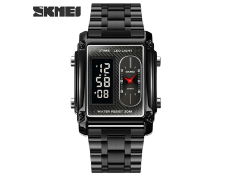 Reloj cuadrado analógico digital LED electrónico multifunción resistente al agua para hombre-tira de acero negra LUUCOZK