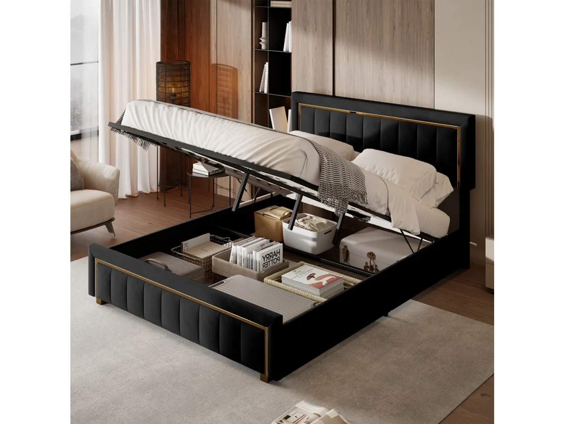 Cama Tapizada 140 X 200 Cm Cama Doble Con Borde En Fibra Dorada, Cama Con Almacenamiento Hidráulico, Estructura De Cama Para Adultos, Terciopelo