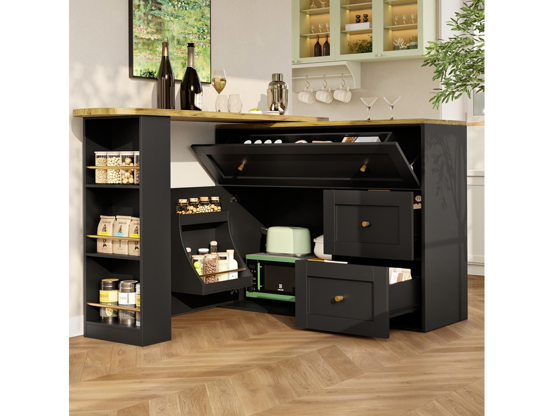 Mesa de bar extensible 138-204 x 39 x 105 cm - cocina, estante para aperitivos, telescópica, mesa alta, isla - negro