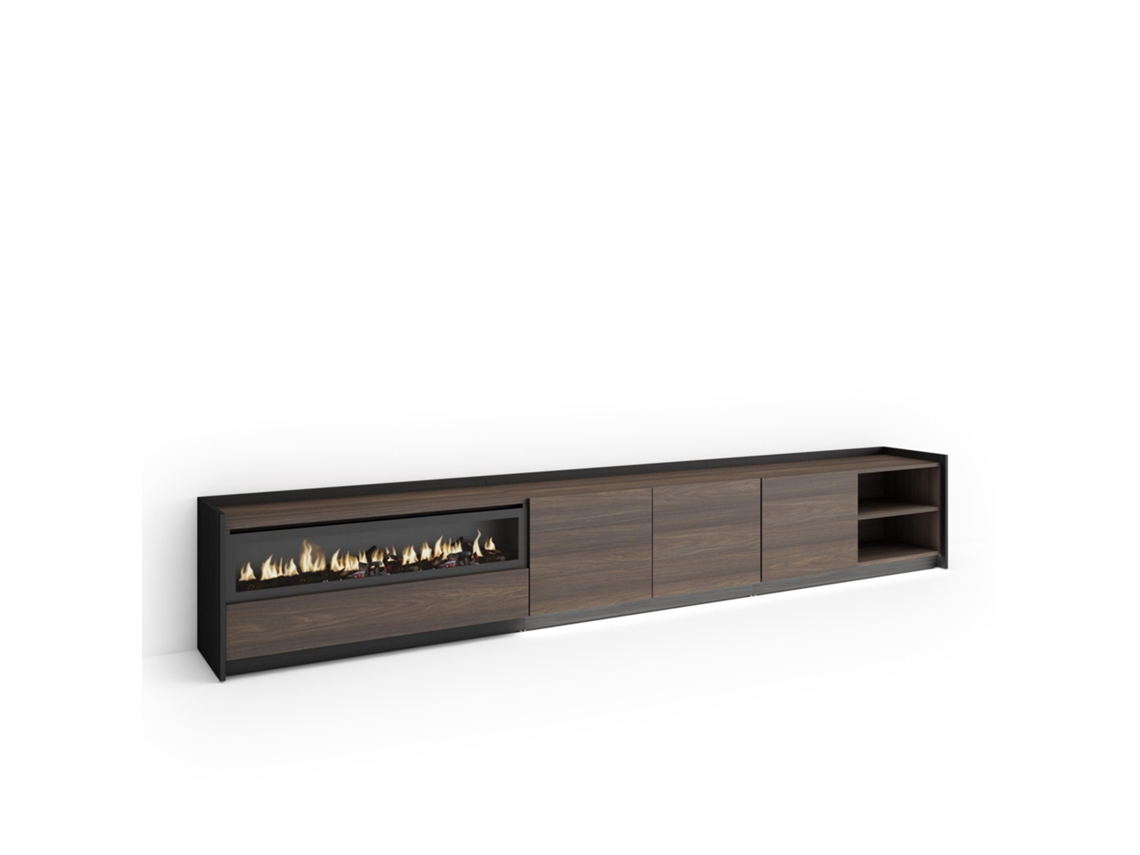 Mueble Tv, Televisión, 310x37x50cm, Para Tv Hasta 80", Chimenea Eléctrica, Led, Roble Oscuro Y Negro