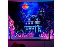 Tapiz Fluorescente Con Efecto De Luz Negra De Castillo, 230x180 Cm, Para Halloween, Con Diseño De Calabaza Y Murciélago.