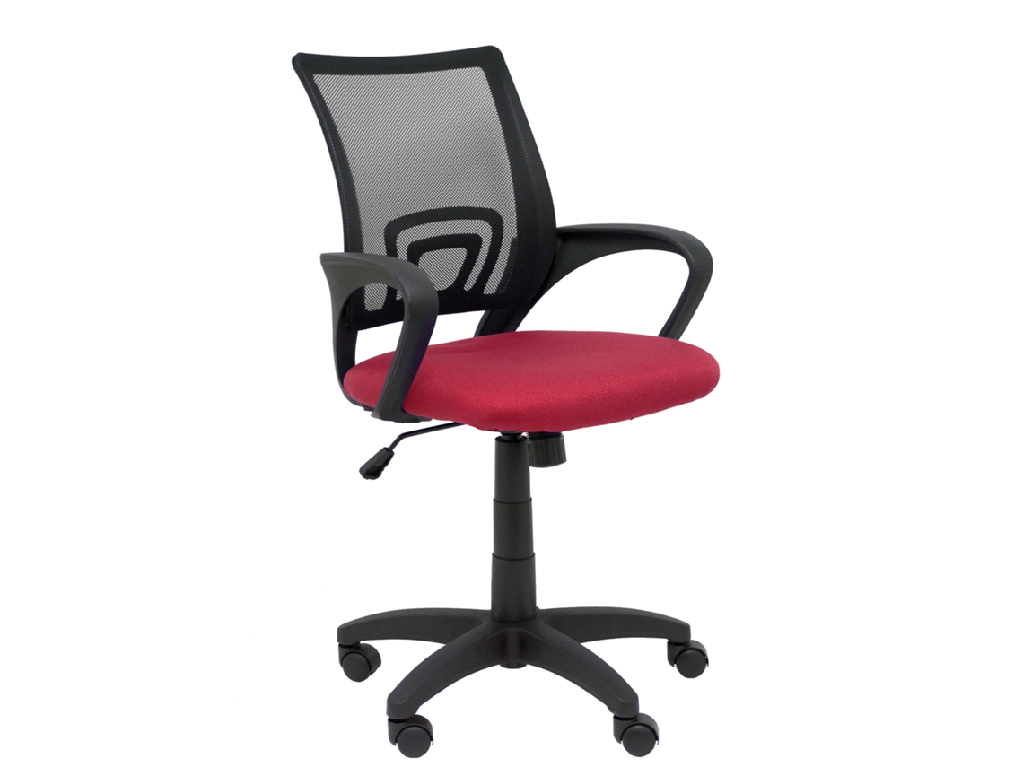 Silla de oficina Vianos con mecanismo de inclinación, tapizada en tela color burdeos y malla negra.