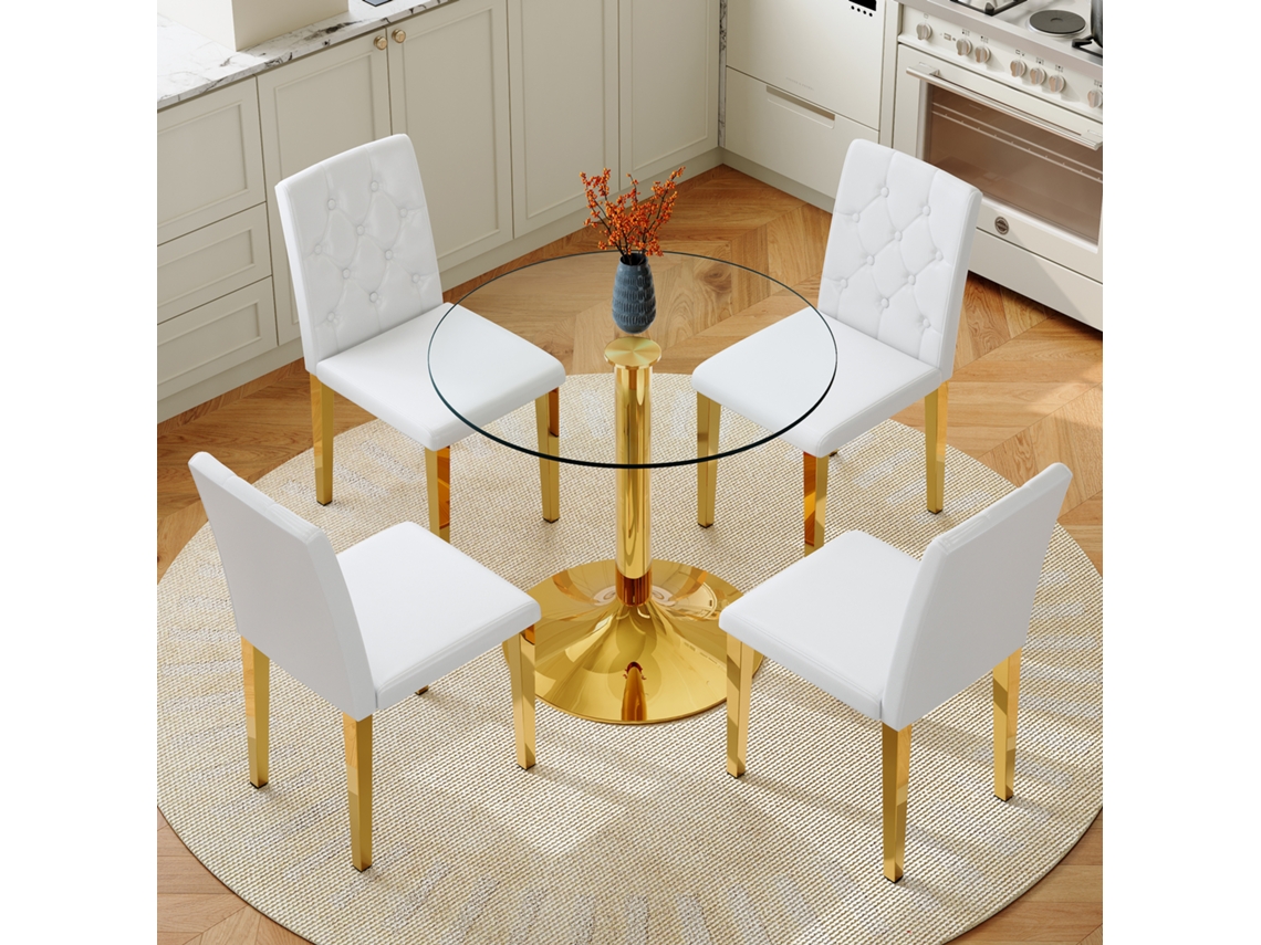 Juego De Mesa De Cristal (85 Cm) Con Detalles Dorados Y 4 Sillas Blancas Con Detalles Dorados.